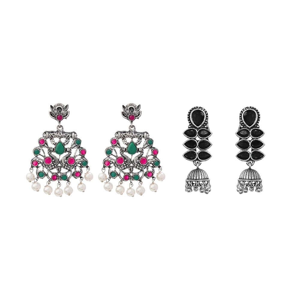 Peacock glow stone studded dangler earrings (Multicolored) Dazzle Dash Jhumki earring (Black) Combo set