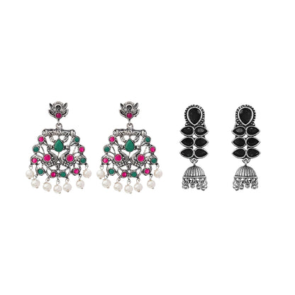 Peacock glow stone studded dangler earrings (Multicolored) Dazzle Dash Jhumki earring (Black) Combo set
