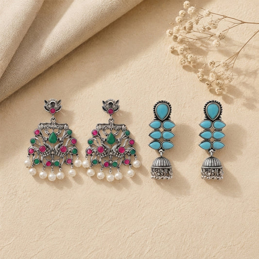 Peacock glow stone studded dangler earrings (Multicolored) Dazzle Dash Jhumki earring (Sky Blue) Combo set