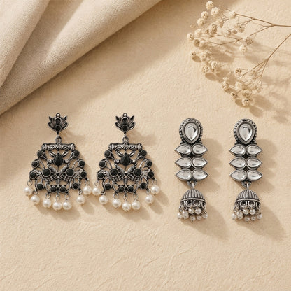 Peacock glow stone studded dangler earrings (Black) Dazzle Dash Jhumki earring (White) Combo set