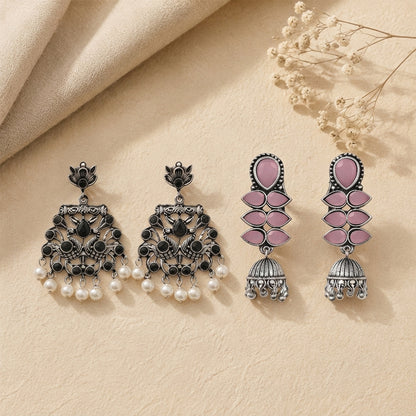 Peacock glow stone studded dangler earrings (Black) Dazzle Dash Jhumki earring (Baby Pink) Combo set