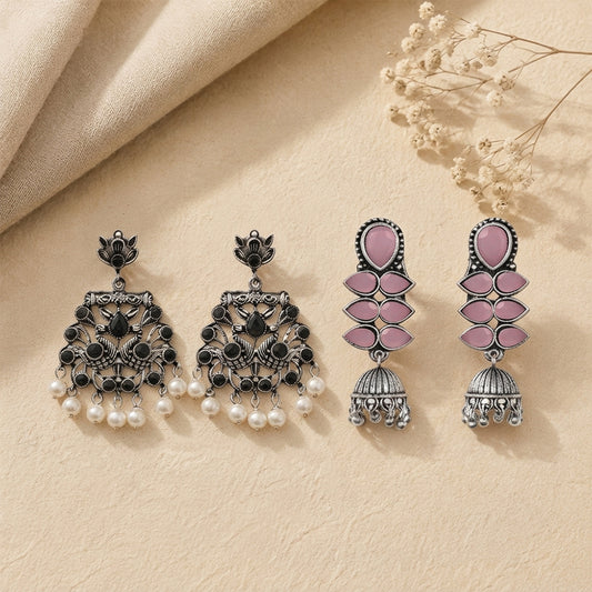 Peacock glow stone studded dangler earrings (Black) Dazzle Dash Jhumki earring (Baby Pink) Combo set