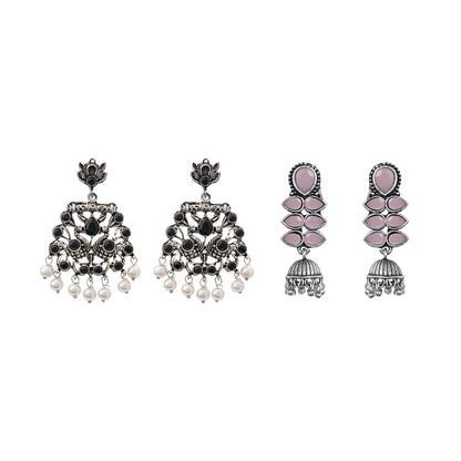 Peacock glow stone studded dangler earrings (Black) Dazzle Dash Jhumki earring (Baby Pink) Combo set