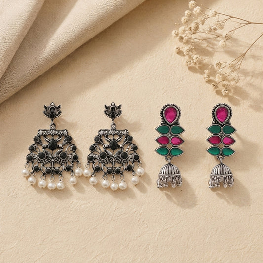 Peacock glow stone studded dangler earrings (Black) Dazzle Dash Jhumki earring (Multicolored) Combo set