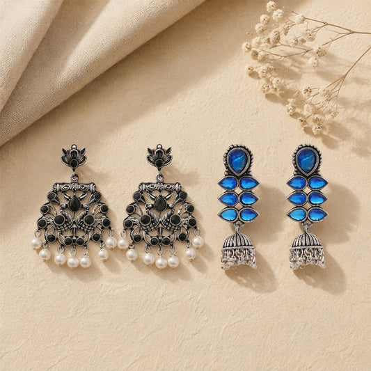 Peacock glow stone studded dangler earrings (Black) Dazzle Dash Jhumki earring (Blue) Combo set