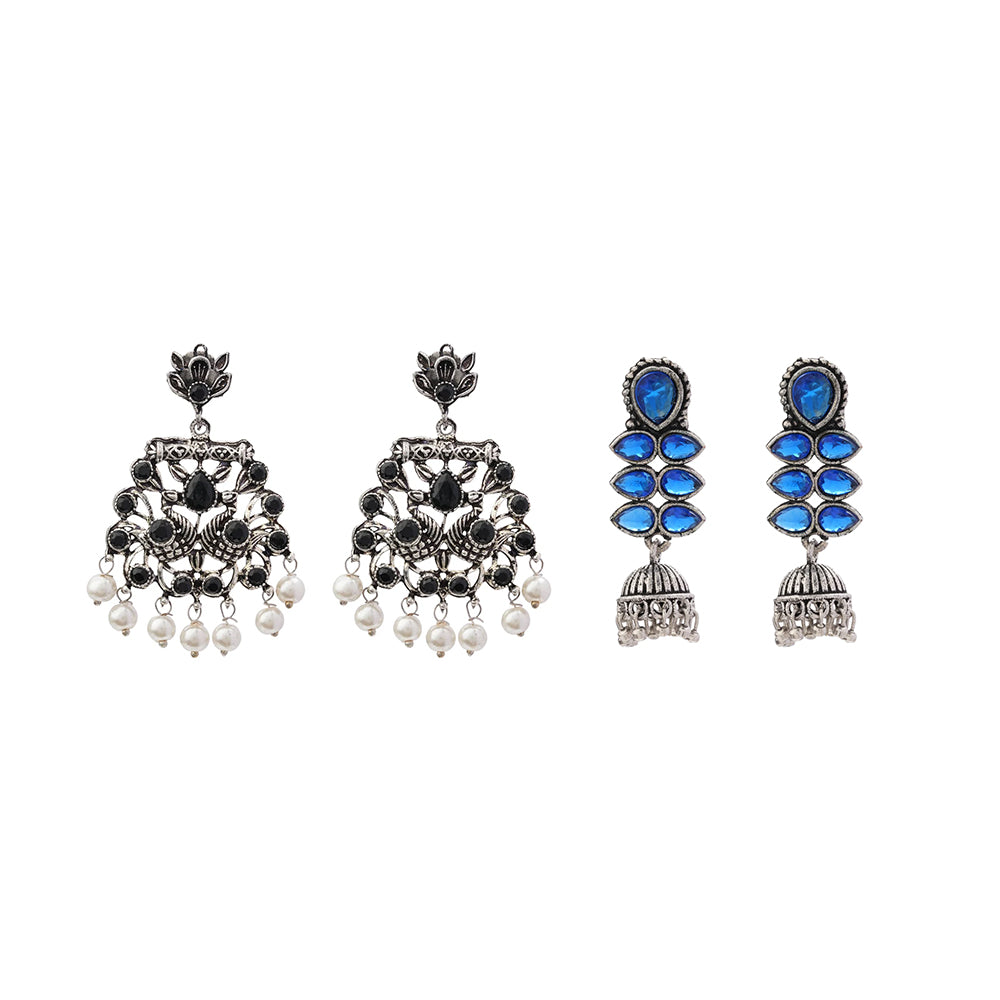 Peacock glow stone studded dangler earrings (Black) Dazzle Dash Jhumki earring (Blue) Combo set