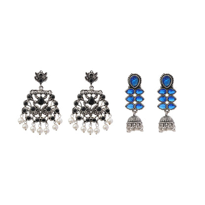 Peacock glow stone studded dangler earrings (Black) Dazzle Dash Jhumki earring (Blue) Combo set