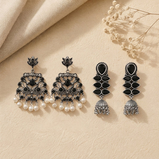 Peacock glow stone studded dangler earrings (Black) Dazzle Dash Jhumki earring (Black) Combo set
