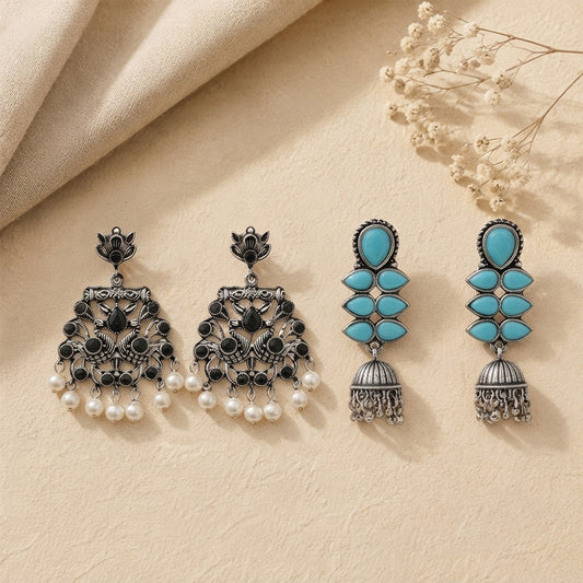 Peacock glow stone studded dangler earrings (Black) Dazzle Dash Jhumki earring (Sky Blue) Combo set