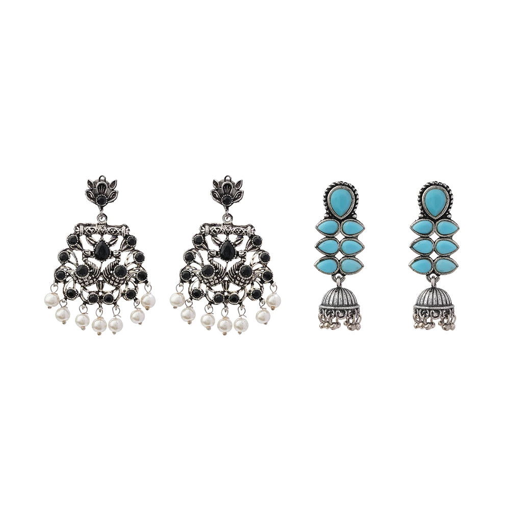 Peacock glow stone studded dangler earrings (Black) Dazzle Dash Jhumki earring (Sky Blue) Combo set