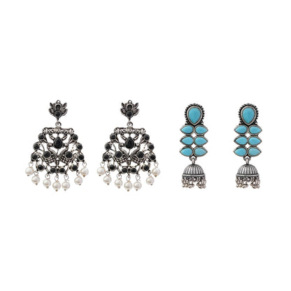 Peacock glow stone studded dangler earrings (Black) Dazzle Dash Jhumki earring (Sky Blue) Combo set