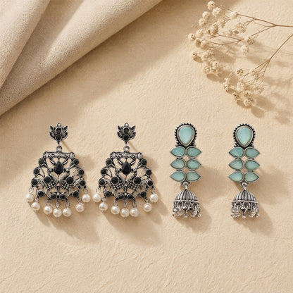 Peacock glow stone studded dangler earrings (Black) Dazzle Dash Jhumki earring (Mint) Combo set