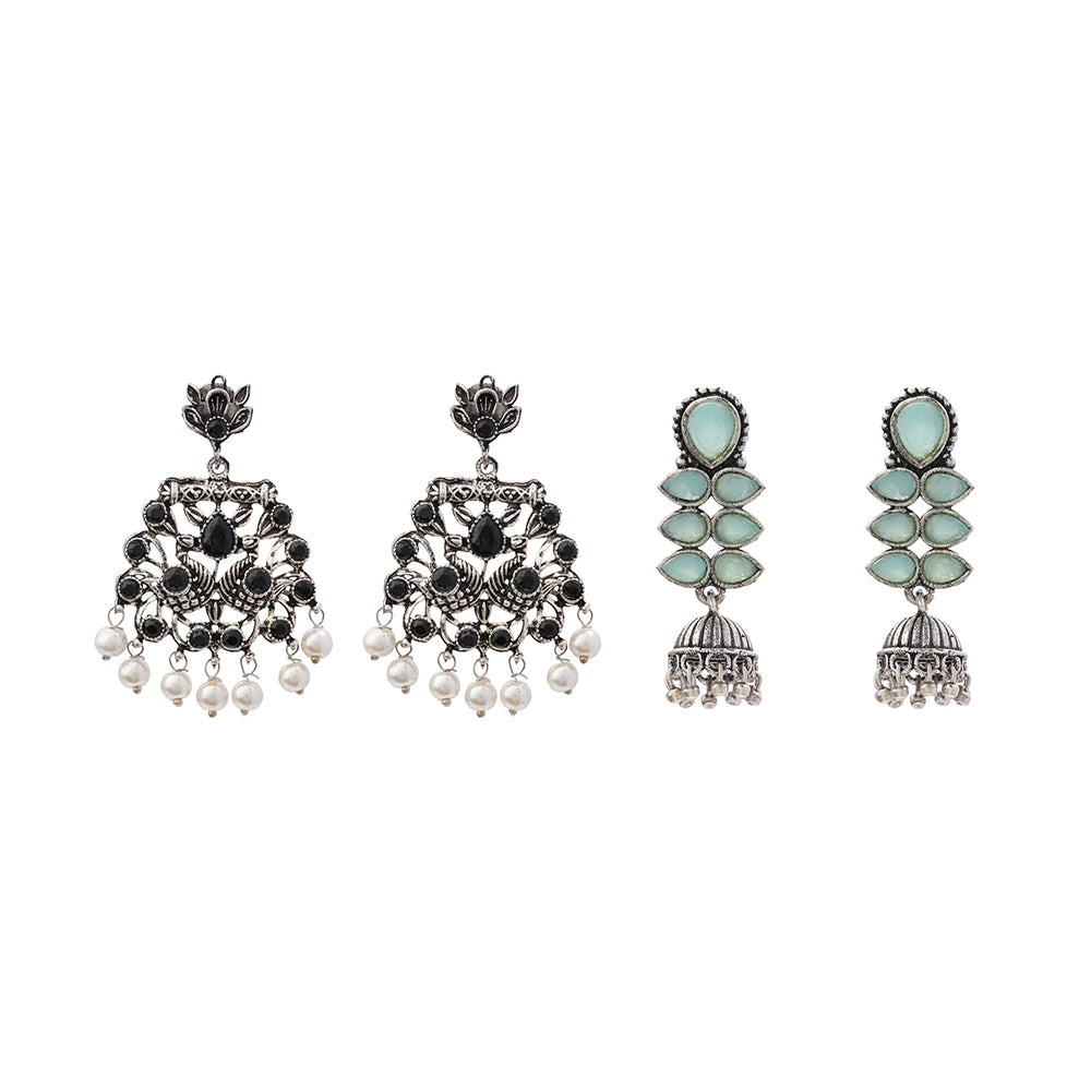 Peacock glow stone studded dangler earrings (Black) Dazzle Dash Jhumki earring (Mint) Combo set