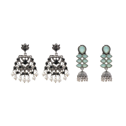 Peacock glow stone studded dangler earrings (Black) Dazzle Dash Jhumki earring (Mint) Combo set