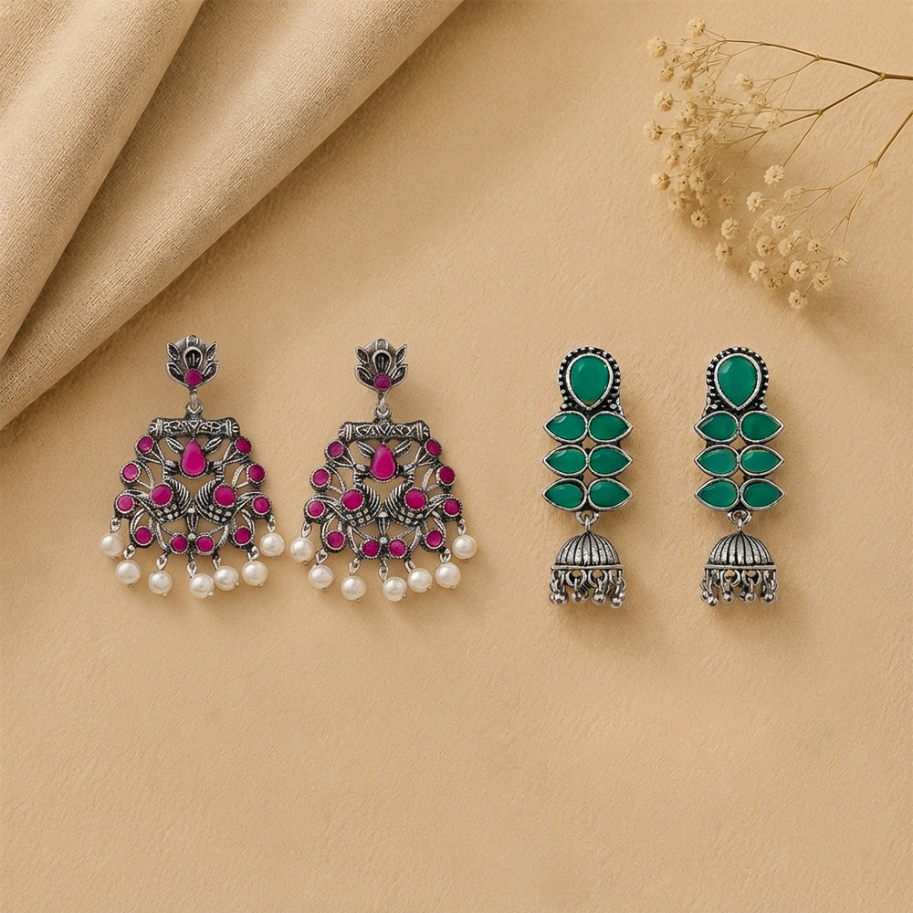 Peacock glow stone studded dangler earrings (Red) Dazzle Dash Jhumki earring (Green) Combo set