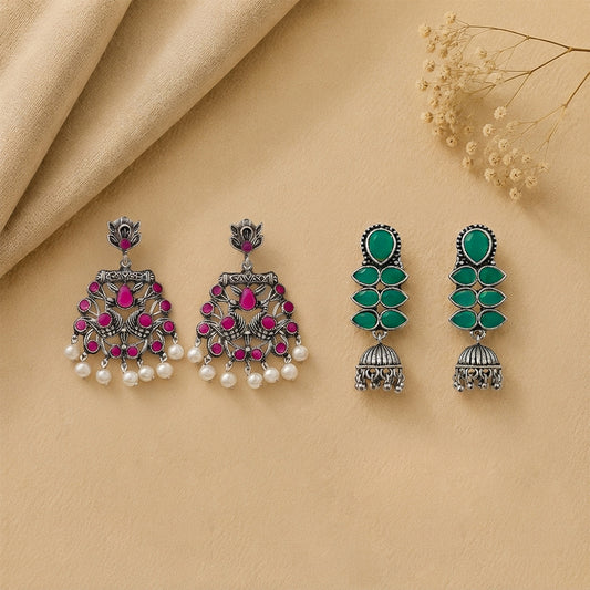 Peacock glow stone studded dangler earrings (Red) Dazzle Dash Jhumki earring (Green) Combo set