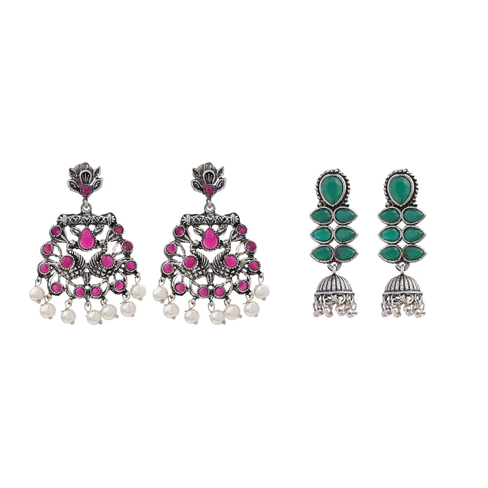 Peacock glow stone studded dangler earrings (Red) Dazzle Dash Jhumki earring (Green) Combo set