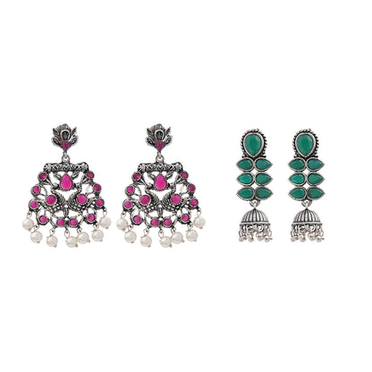 Peacock glow stone studded dangler earrings (Red) Dazzle Dash Jhumki earring (Green) Combo set