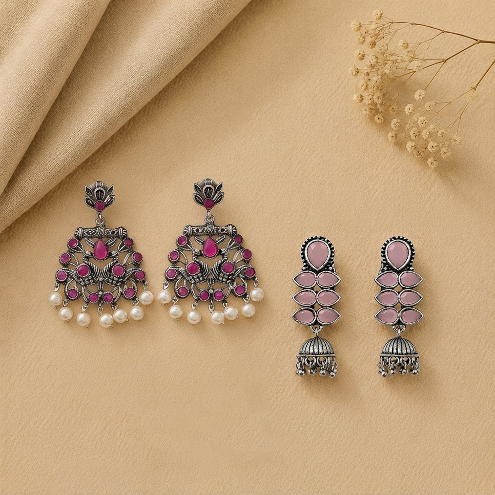 Peacock glow stone studded dangler earrings (Red) Dazzle Dash Jhumki earring (Baby Pink) Combo set