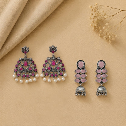 Peacock glow stone studded dangler earrings (Red) Dazzle Dash Jhumki earring (Baby Pink) Combo set