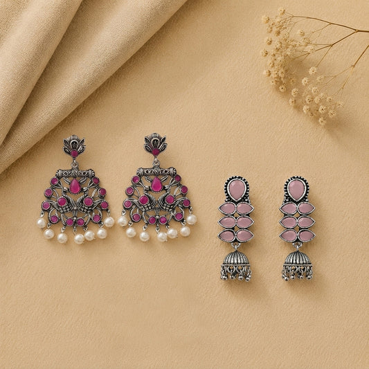 Peacock glow stone studded dangler earrings (Red) Dazzle Dash Jhumki earring (Baby Pink) Combo set