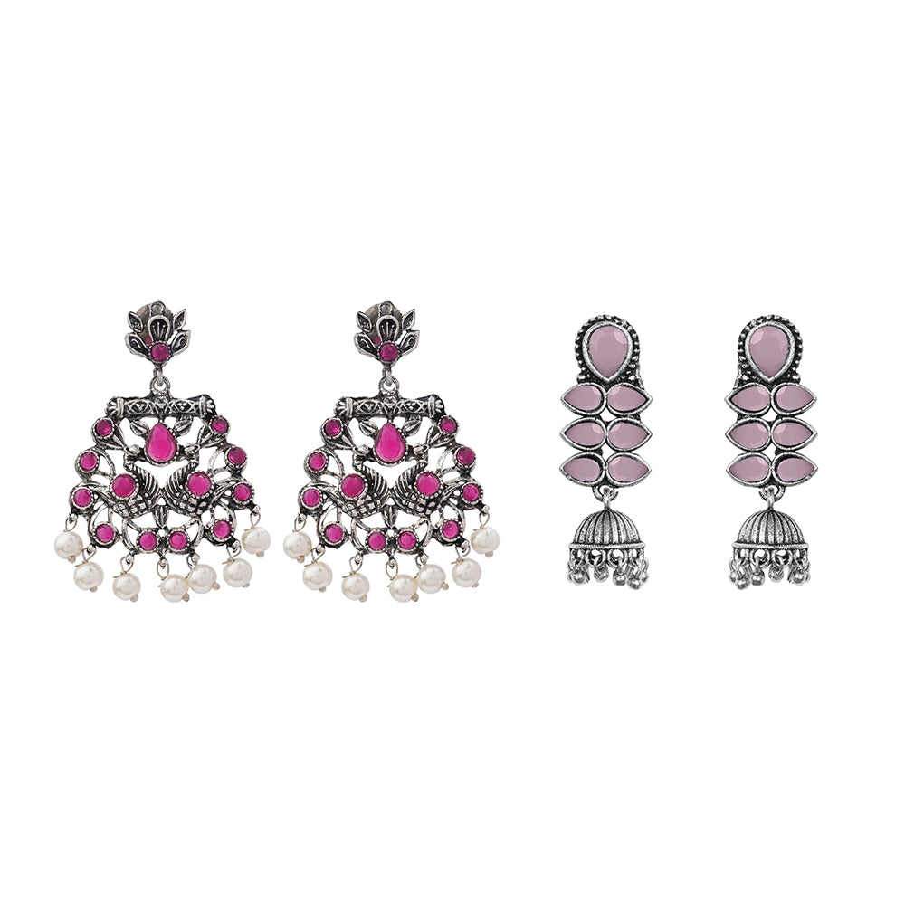 Peacock glow stone studded dangler earrings (Red) Dazzle Dash Jhumki earring (Baby Pink) Combo set