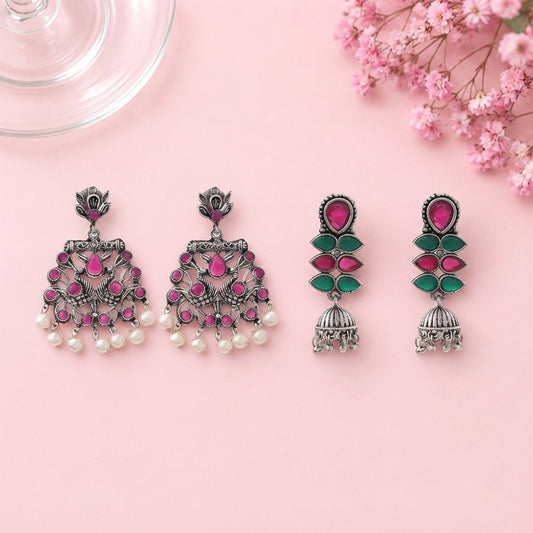 Peacock glow stone studded dangler earrings (Red) Dazzle Dash Jhumki earring (Multicolored) Combo set