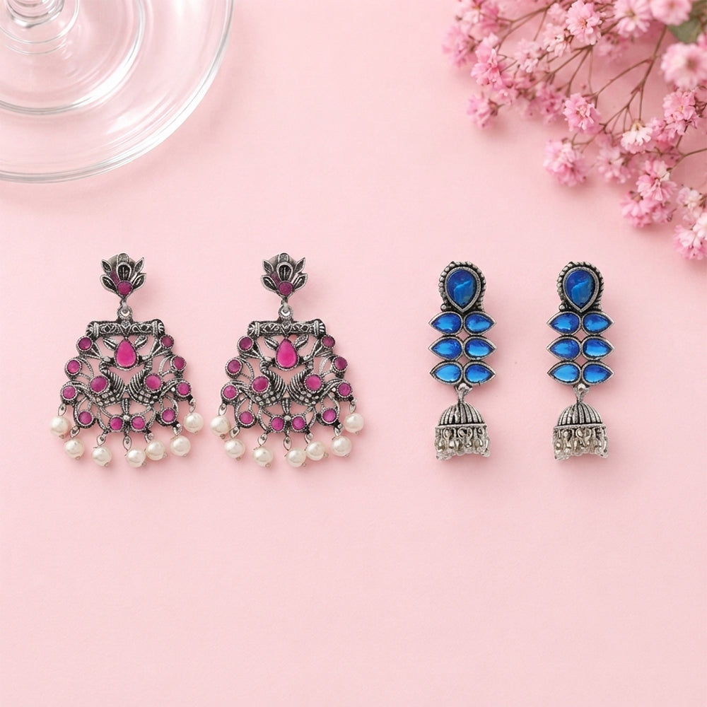 Peacock glow stone studded dangler earrings (Red) Dazzle Dash Jhumki earring (Blue) Combo set