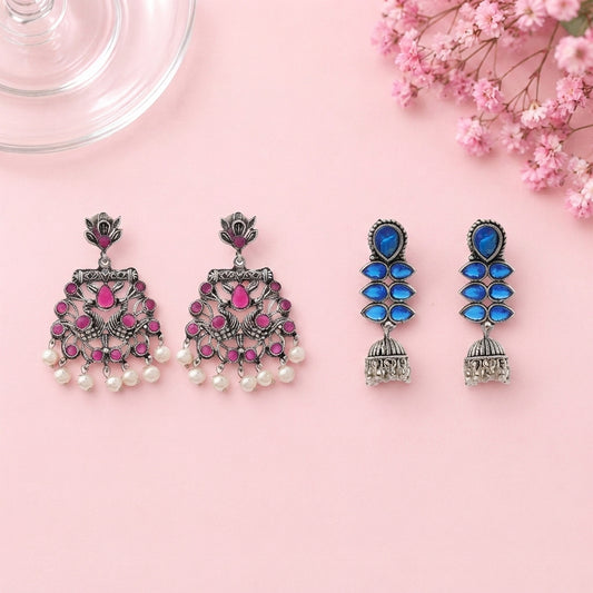 Peacock glow stone studded dangler earrings (Red) Dazzle Dash Jhumki earring (Blue) Combo set