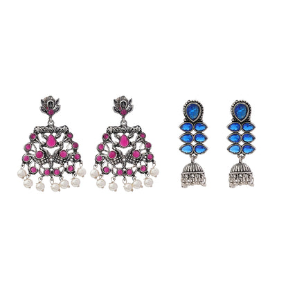 Peacock glow stone studded dangler earrings (Red) Dazzle Dash Jhumki earring (Blue) Combo set