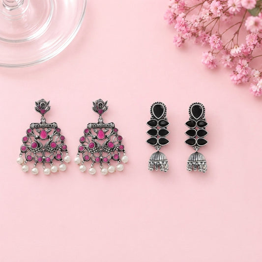 Peacock glow stone studded dangler earrings (Red) Dazzle Dash Jhumki earring (Black) Combo set