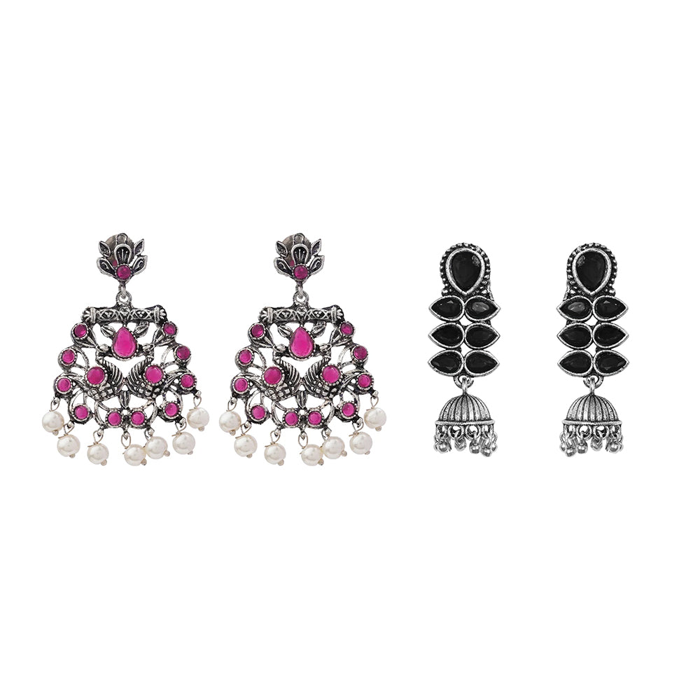 Peacock glow stone studded dangler earrings (Red) Dazzle Dash Jhumki earring (Black) Combo set