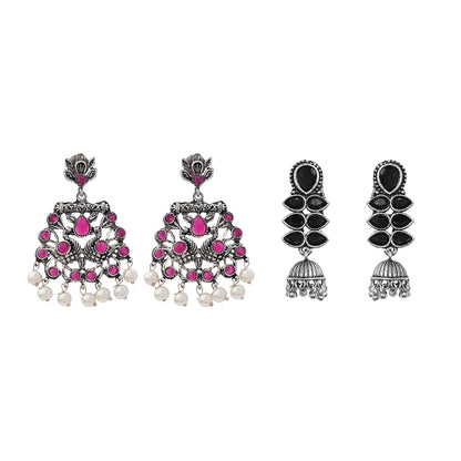 Peacock glow stone studded dangler earrings (Red) Dazzle Dash Jhumki earring (Black) Combo set