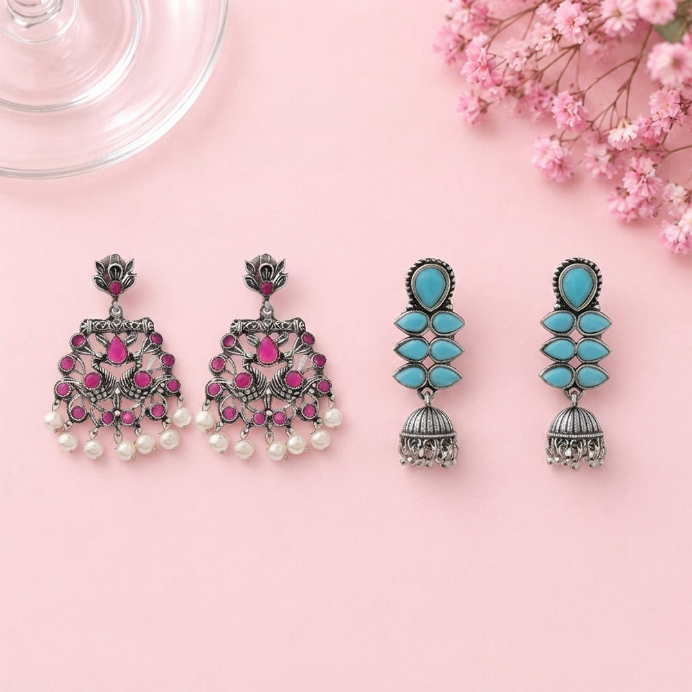 Peacock glow stone studded dangler earrings (Red) Dazzle Dash Jhumki earring (Sky Blue) Combo set