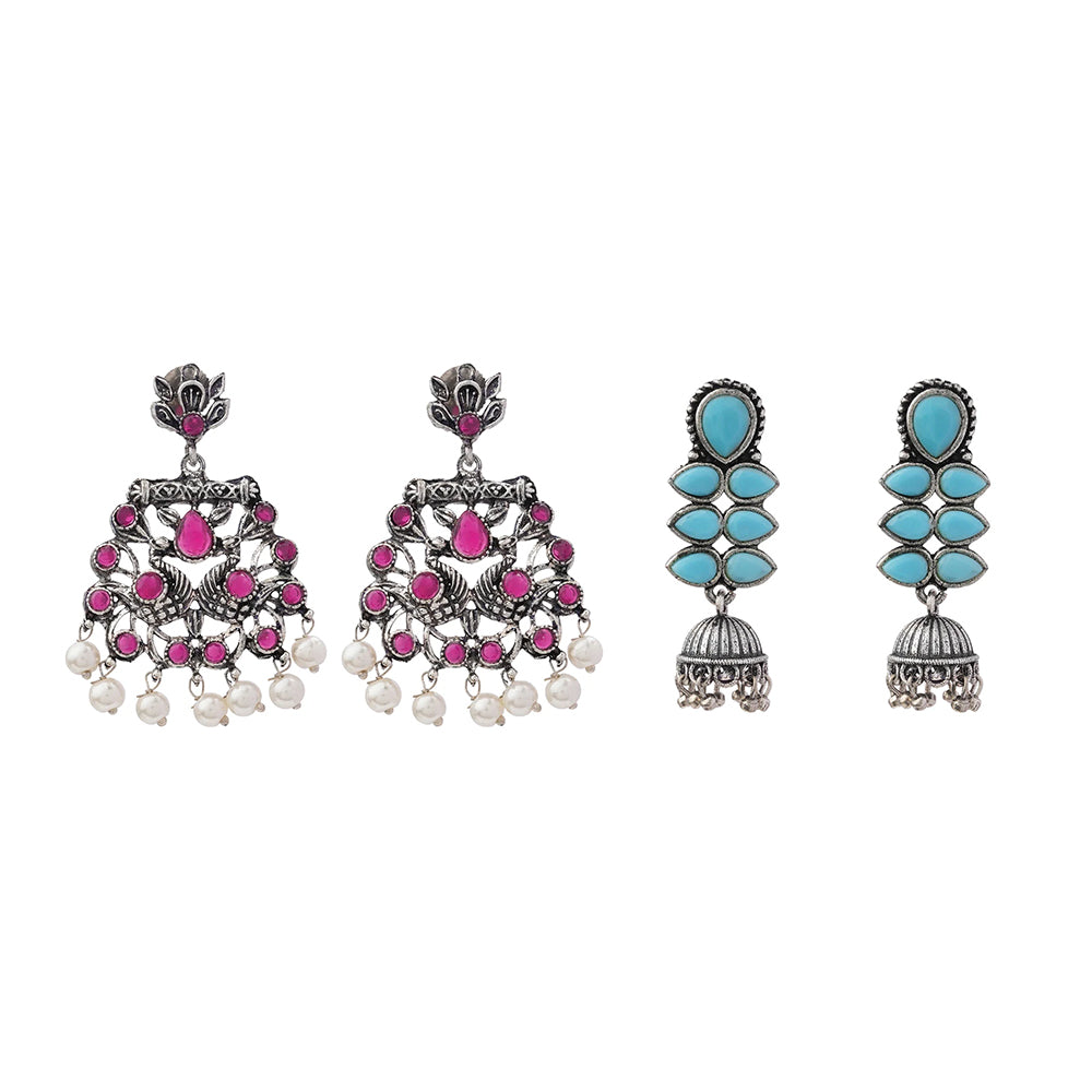 Peacock glow stone studded dangler earrings (Red) Dazzle Dash Jhumki earring (Sky Blue) Combo set