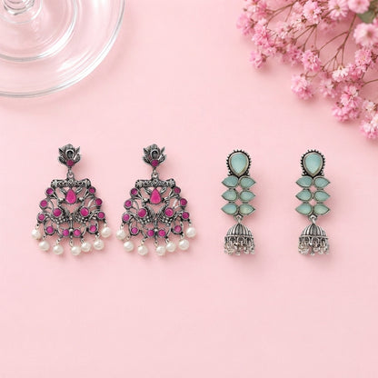 Peacock glow stone studded dangler earrings (Red) Dazzle Dash Jhumki earring (Mint) Combo set
