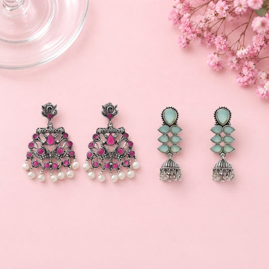 Peacock glow stone studded dangler earrings (Red) Dazzle Dash Jhumki earring (Mint) Combo set