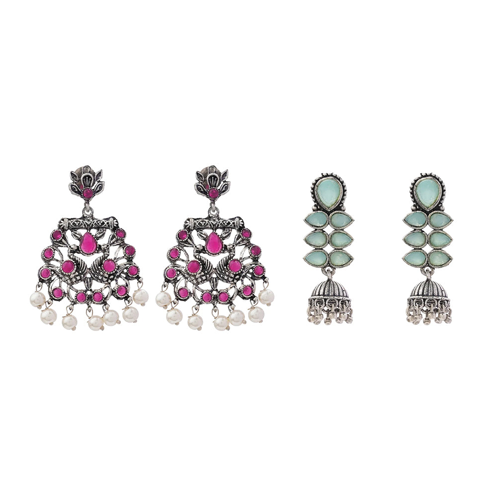 Peacock glow stone studded dangler earrings (Red) Dazzle Dash Jhumki earring (Mint) Combo set