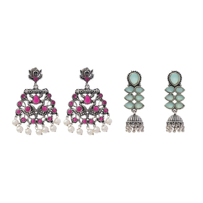 Peacock glow stone studded dangler earrings (Red) Dazzle Dash Jhumki earring (Mint) Combo set