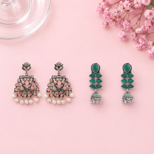 Peacock glow stone studded dangler earrings (Light Orange) Dazzle Dash Jhumki earring (Green) Combo set