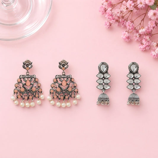 Peacock glow stone studded dangler earrings (Light Orange) Dazzle Dash Jhumki earring (White) Combo set