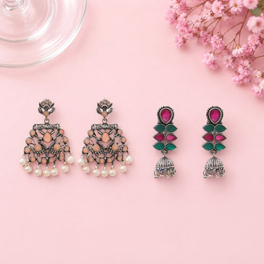 Peacock glow stone studded dangler earrings (Light Orange) Dazzle Dash Jhumki earring (Multicolored) Combo set