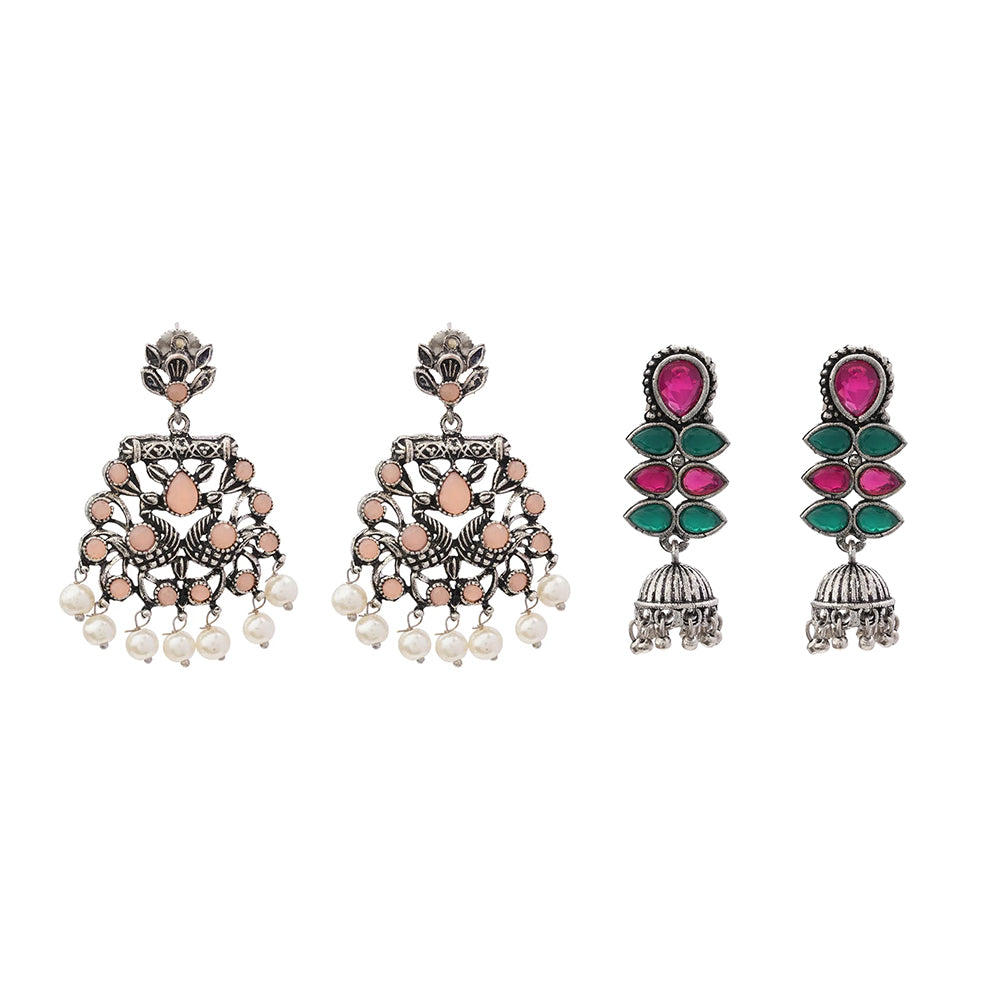 Peacock glow stone studded dangler earrings (Light Orange) Dazzle Dash Jhumki earring (Multicolored) Combo set