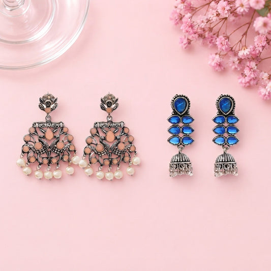 Peacock glow stone studded dangler earrings (Light Orange) Dazzle Dash Jhumki earring (Blue) Combo set