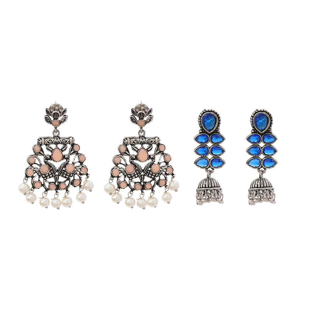 Peacock glow stone studded dangler earrings (Light Orange) Dazzle Dash Jhumki earring (Blue) Combo set