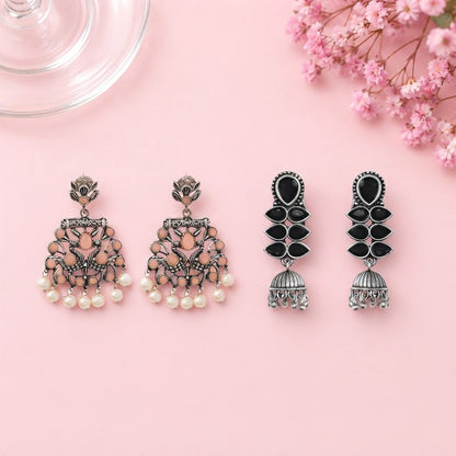 Peacock glow stone studded dangler earrings (Light Orange) Dazzle Dash Jhumki earring (Black) Combo set