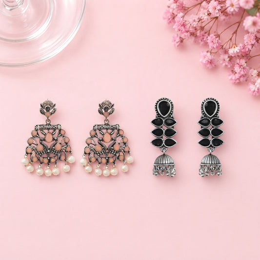 Peacock glow stone studded dangler earrings (Light Orange) Dazzle Dash Jhumki earring (Black) Combo set