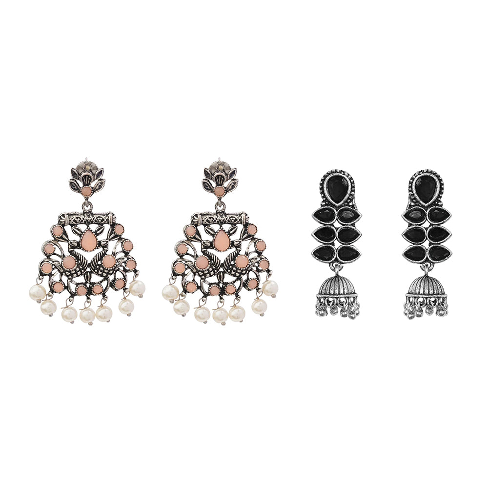 Peacock glow stone studded dangler earrings (Light Orange) Dazzle Dash Jhumki earring (Black) Combo set