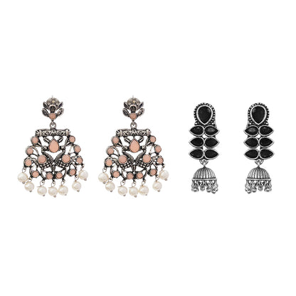 Peacock glow stone studded dangler earrings (Light Orange) Dazzle Dash Jhumki earring (Black) Combo set