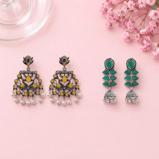 Peacock glow stone studded dangler earrings (Yellow) Dazzle Dash Jhumki earring (Green) Combo set